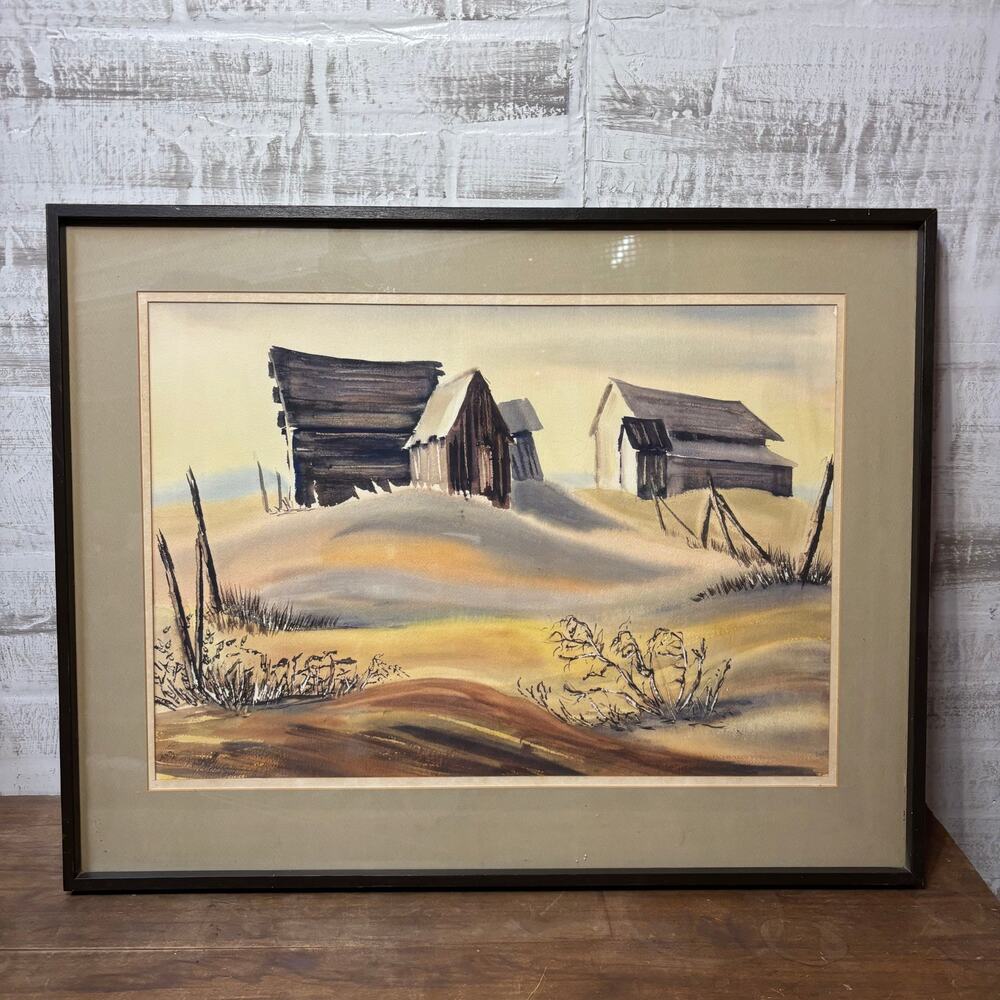 Vintage Matted Quiet Prairie Homestead Art Original Watercolor Signed Jean S 68